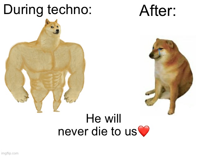Buff Doge vs. Cheems Meme | During techno: After: He will never die to us❤️ | image tagged in memes,buff doge vs cheems | made w/ Imgflip meme maker