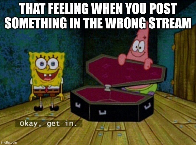 it's even worse if you meant for it to go to the horny stream or smth | THAT FEELING WHEN YOU POST SOMETHING IN THE WRONG STREAM | image tagged in spongebob coffin | made w/ Imgflip meme maker