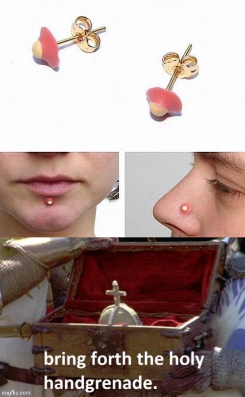Those cursed face piercings look like zits | image tagged in bring forth the holy hand grenade,zits,acne,cursed image,memes,piercings | made w/ Imgflip meme maker