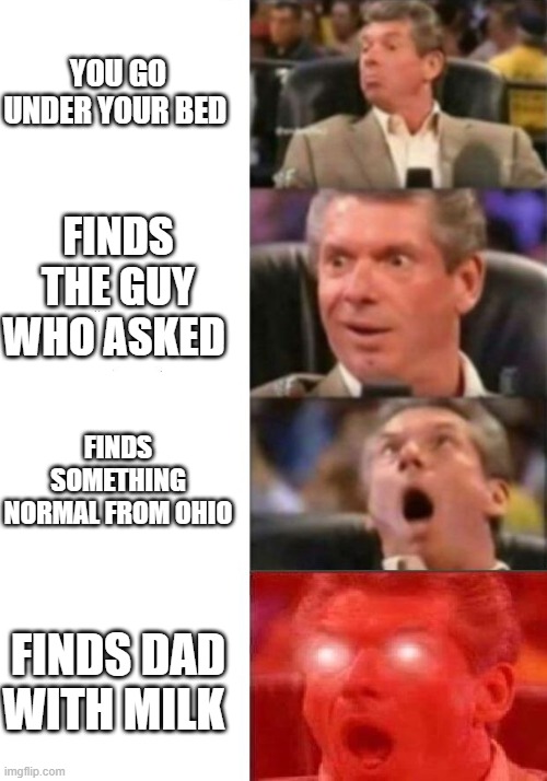 Mr. McMahon reaction | YOU GO UNDER YOUR BED; FINDS THE GUY WHO ASKED; FINDS SOMETHING NORMAL FROM OHIO; FINDS DAD WITH MILK | image tagged in mr mcmahon reaction | made w/ Imgflip meme maker
