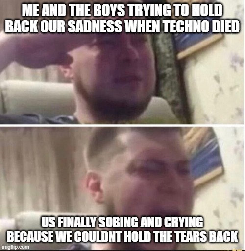 Crying salute | ME AND THE BOYS TRYING TO HOLD BACK OUR SADNESS WHEN TECHNO DIED US FINALLY SOBING AND CRYING BECAUSE WE COULDNT HOLD THE TEARS BACK | image tagged in crying salute | made w/ Imgflip meme maker