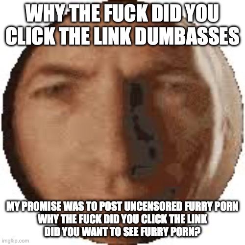 fucking perverts wanted to see furry porn | WHY THE FUCK DID YOU CLICK THE LINK DUMBASSES; MY PROMISE WAS TO POST UNCENSORED FURRY PORN

WHY THE FUCK DID YOU CLICK THE LINK

DID YOU WANT TO SEE FURRY PORN? | image tagged in ball goodman | made w/ Imgflip meme maker