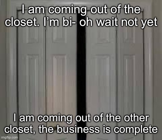 closet | I am coming out of the closet. I’m bi- oh wait not yet; I am coming out of the other closet, the business is complete | image tagged in closet | made w/ Imgflip meme maker