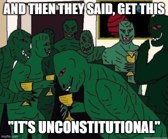 Lizard People Party | AND THEN THEY SAID, GET THIS; "IT'S UNCONSTITUTIONAL" | image tagged in lizard people party | made w/ Imgflip meme maker