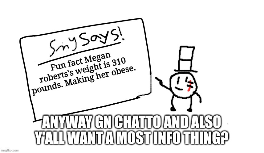 Hehe | Fun fact Megan roberts's weight is 310 pounds. Making her obese. ANYWAY GN CHATTO AND ALSO Y'ALL WANT A MOST INFO THING? | image tagged in sammys/smy announchment temp,memes,funny,sammy,gn chat | made w/ Imgflip meme maker