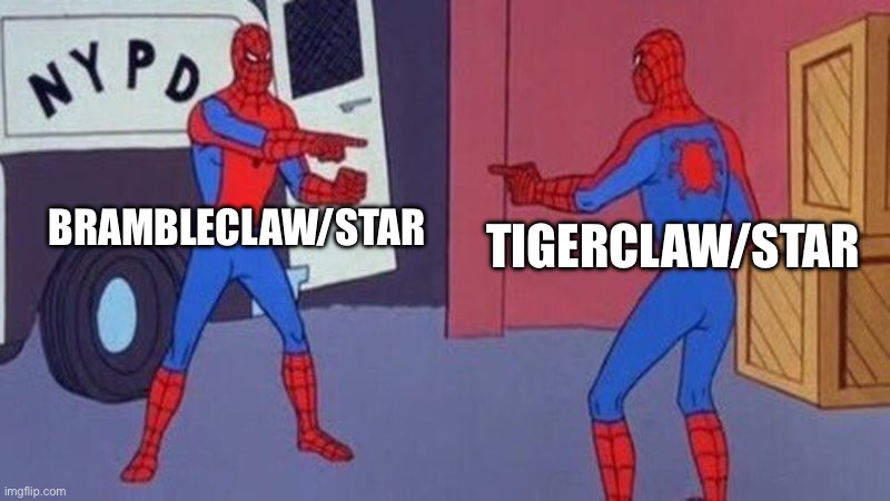 spiderman pointing at spiderman | BRAMBLECLAW/STAR; TIGERCLAW/STAR | image tagged in spiderman pointing at spiderman,warrior cats | made w/ Imgflip meme maker