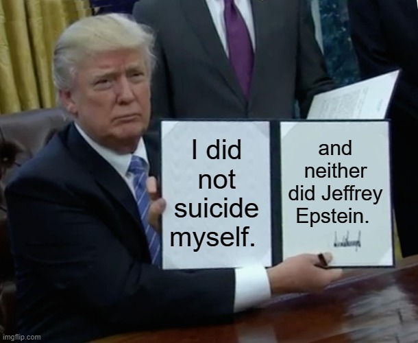 Trump Bill Signing | I did not suicide myself. and neither did Jeffrey Epstein. | image tagged in memes,trump bill signing | made w/ Imgflip meme maker