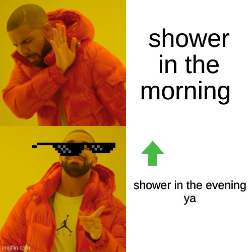 right thing to do | shower in the morning; shower in the evening 


ya | image tagged in memes,drake hotline bling | made w/ Imgflip meme maker