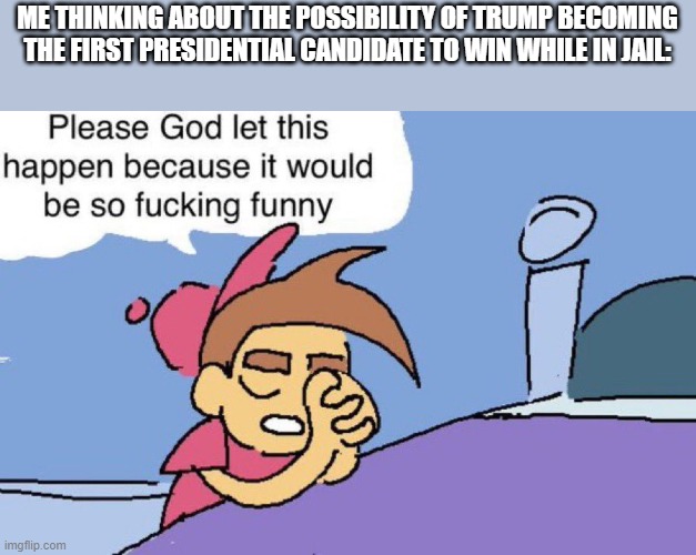 Trump Turner | ME THINKING ABOUT THE POSSIBILITY OF TRUMP BECOMING THE FIRST PRESIDENTIAL CANDIDATE TO WIN WHILE IN JAIL: | image tagged in timmy turner,donald trump,elections,corruption | made w/ Imgflip meme maker