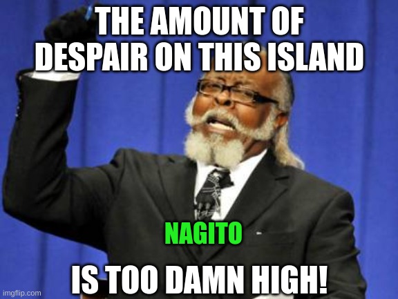 Goodbye Despair be like | THE AMOUNT OF DESPAIR ON THIS ISLAND; NAGITO; IS TOO DAMN HIGH! | image tagged in memes,too damn high | made w/ Imgflip meme maker