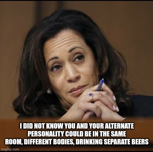 Third one wakes up the gender of who's talking... Blind as a bat | I DID NOT KNOW YOU AND YOUR ALTERNATE PERSONALITY COULD BE IN THE SAME ROOM, DIFFERENT BODIES, DRINKING SEPARATE BEERS | image tagged in kamala harris | made w/ Imgflip meme maker