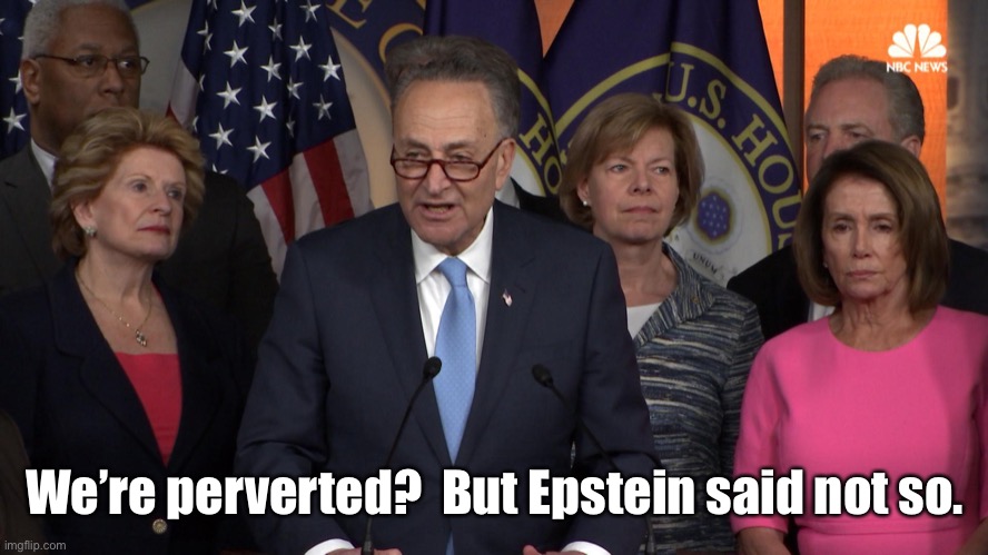 Democrat congressmen | We’re perverted?  But Epstein said not so. | image tagged in democrat congressmen | made w/ Imgflip meme maker