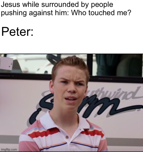 Jesus while surrounded by people pushing against him: Who touched me? Peter: | image tagged in you guys are getting paid | made w/ Imgflip meme maker