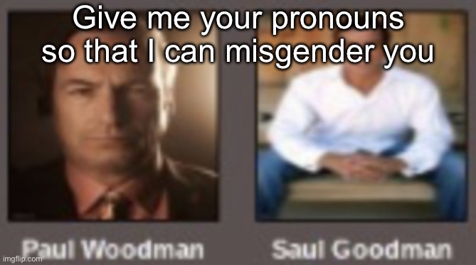 paul vs saul | Give me your pronouns so that I can misgender you | image tagged in paul vs saul | made w/ Imgflip meme maker
