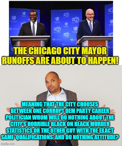 Nothing changes in Chicago because everyone still votes Democrat no matter what. | THE CHICAGO CITY MAYOR RUNOFFS ARE ABOUT TO HAPPEN! MEANING THAT THE CITY CHOOSES BETWEEN ONE CORRUPT DEM PARTY CAREER POLITICIAN WHOM WILL DO NOTHING ABOUT THE CITIY'S HORRIBLE BLACK ON BLACK MURDER STATISTICS OR THE OTHER GUY WITH THE EXACT SAME 'QUALIFICATIONS' AND DO NOTHING ATTITUDE? | image tagged in truth | made w/ Imgflip meme maker