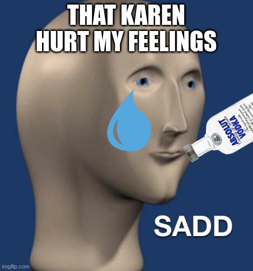 Sad meme man | THAT KAREN HURT MY FEELINGS | image tagged in sad meme man | made w/ Imgflip meme maker