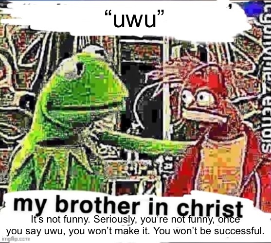 My brother in Christ | “uwu”; It’s not funny. Seriously, you’re not funny, once you say uwu, you won’t make it. You won’t be successful. | image tagged in my brother in christ | made w/ Imgflip meme maker
