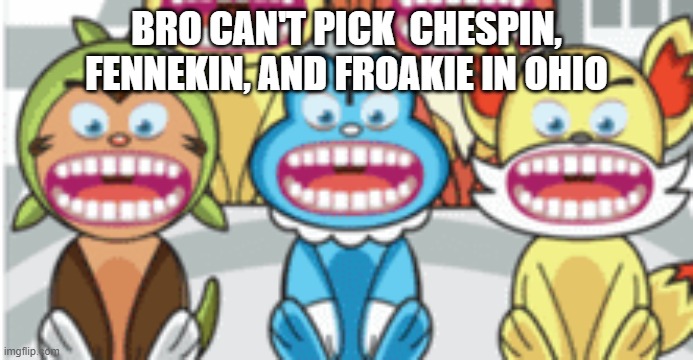 Chespin, Fennekin, and Froakie in Ohio | BRO CAN'T PICK 	CHESPIN, FENNEKIN, AND FROAKIE IN OHIO | image tagged in ohio,pokemon,chespin,fennekin,froakie | made w/ Imgflip meme maker