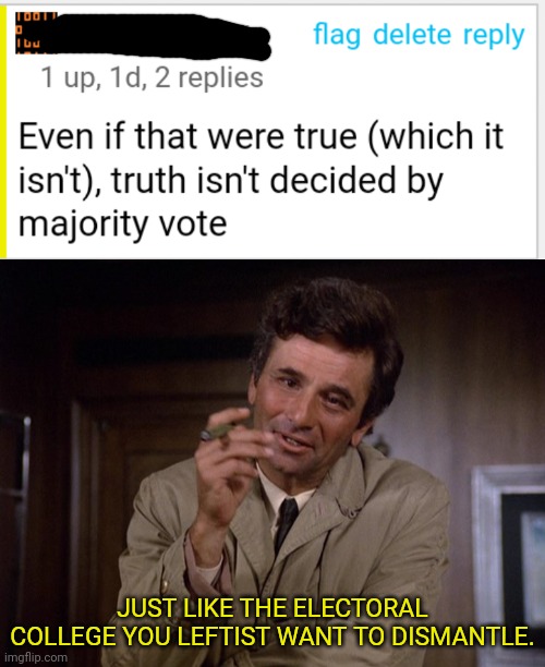 Truth isn't decided by majority vote and neither is | JUST LIKE THE ELECTORAL COLLEGE YOU LEFTIST WANT TO DISMANTLE. | image tagged in columbo,truth,electoral college,dumb,leftists,commie | made w/ Imgflip meme maker