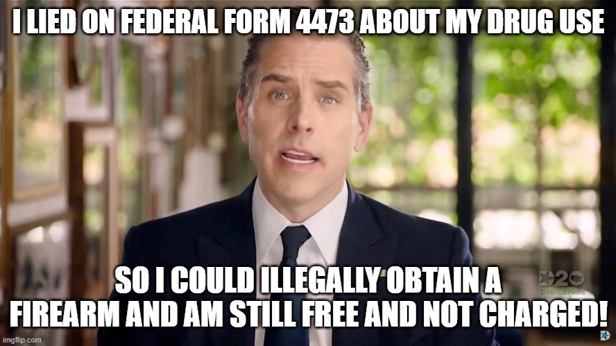 cuz daddy | I LIED ON FEDERAL FORM 4473 ABOUT MY DRUG USE; SO I COULD ILLEGALLY OBTAIN A FIREARM AND AM STILL FREE AND NOT CHARGED! | image tagged in potus,hunter biden,fbi,guns | made w/ Imgflip meme maker