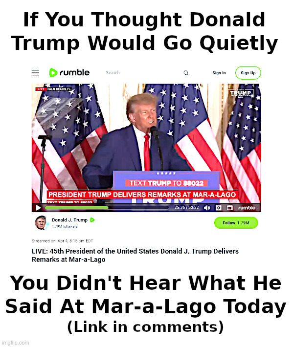 Donald J. Trump Delivers Remarks at Mar-a-Lago | image tagged in rumble,donald trump,mar-a-lago,no,raid,today | made w/ Imgflip meme maker