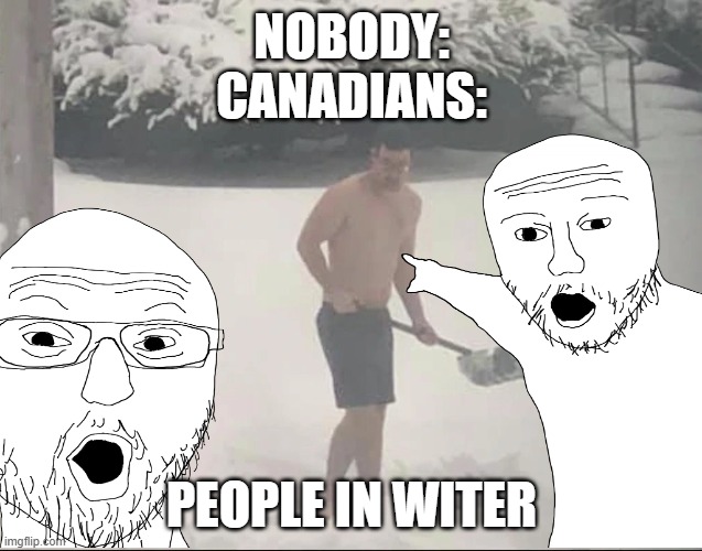 canadians in witer | NOBODY:
CANADIANS:; PEOPLE IN WITER | image tagged in funny,meanwhile in canada | made w/ Imgflip meme maker