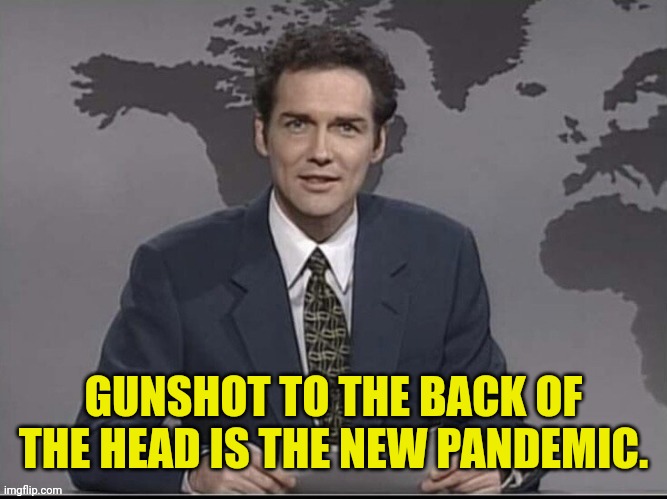 Weekend Update with Norm | GUNSHOT TO THE BACK OF THE HEAD IS THE NEW PANDEMIC. | image tagged in weekend update with norm | made w/ Imgflip meme maker