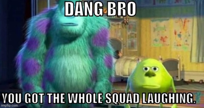 Mood. | image tagged in dang bro you got the whole squad laughing,monsters inc,mike wazowski,sully,pixar,dang bro | made w/ Imgflip meme maker