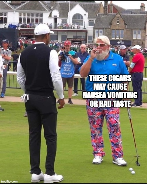 John Daly and Tiger Woods | THESE CIGARS MAY CAUSE NAUSEA VOMITING OR BAD TASTE | image tagged in john daly and tiger woods | made w/ Imgflip meme maker