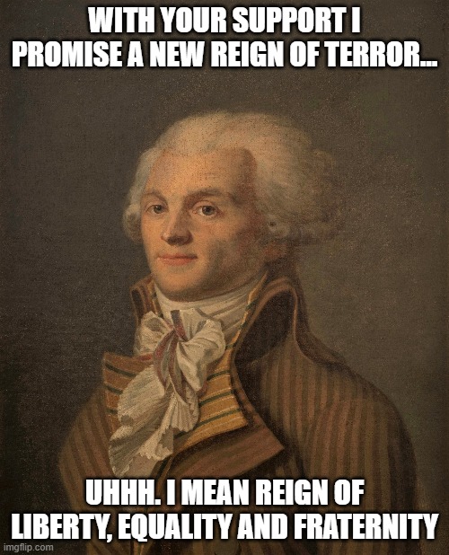Reign of Terror | WITH YOUR SUPPORT I PROMISE A NEW REIGN OF TERROR... UHHH. I MEAN REIGN OF LIBERTY, EQUALITY AND FRATERNITY | image tagged in french revolution | made w/ Imgflip meme maker