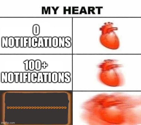 My heart blank | 0 NOTIFICATIONS; 100+ NOTIFICATIONS | image tagged in my heart blank | made w/ Imgflip meme maker