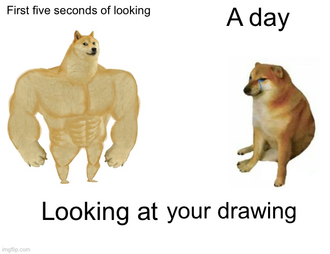 Buff Doge vs. Cheems Meme | First five seconds of looking; A day; your drawing; Looking at | image tagged in memes,buff doge vs cheems | made w/ Imgflip meme maker