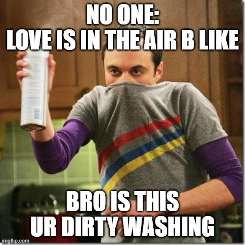 air freshener sheldon cooper | NO ONE:
LOVE IS IN THE AIR B LIKE; BRO IS THIS UR DIRTY WASHING | image tagged in air freshener sheldon cooper | made w/ Imgflip meme maker