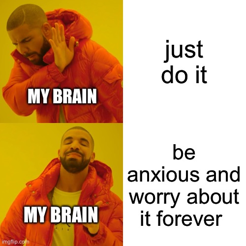 why | just do it; MY BRAIN; be anxious and worry about it forever; MY BRAIN | image tagged in memes,drake hotline bling,procrastination,why | made w/ Imgflip meme maker
