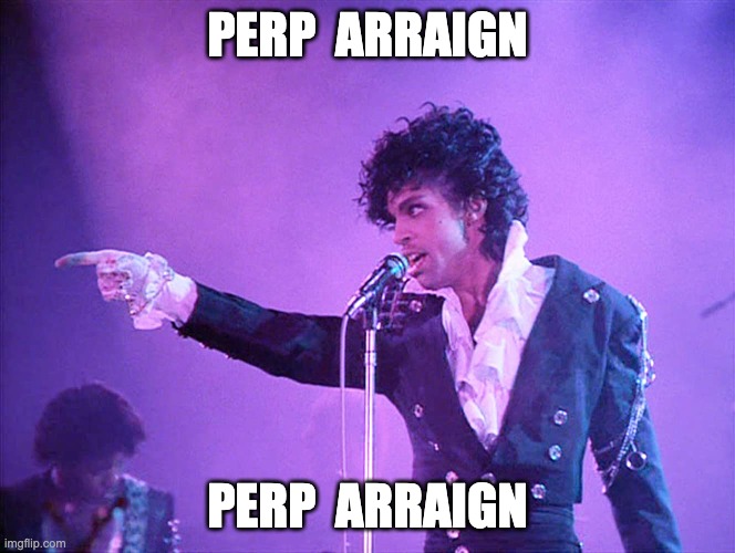 Prince Purple Rain | PERP  ARRAIGN; PERP  ARRAIGN | image tagged in prince purple rain | made w/ Imgflip meme maker