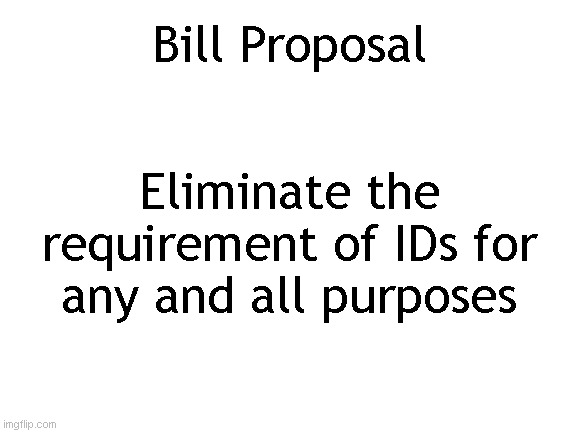 They're no longer used to vote, let's just get rid of them entirely. | Bill Proposal; Eliminate the requirement of IDs for any and all purposes | image tagged in blank white template | made w/ Imgflip meme maker