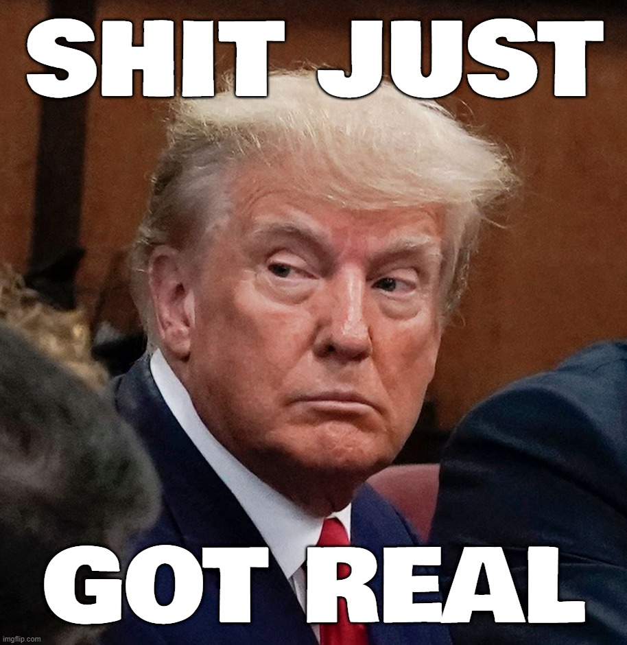 donny is scurred... just wait for the other 3 indictments...! | SHIT JUST; GOT REAL | image tagged in four,is four a lot,may the fourth be with you | made w/ Imgflip meme maker