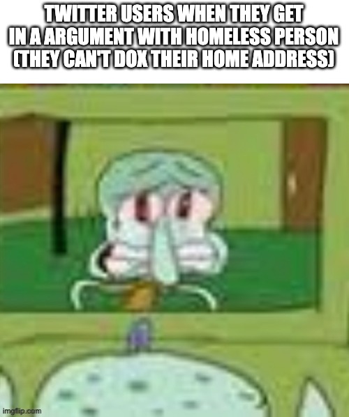 sad squidward | TWITTER USERS WHEN THEY GET IN A ARGUMENT WITH HOMELESS PERSON (THEY CAN'T DOX THEIR HOME ADDRESS) | image tagged in sad squidward | made w/ Imgflip meme maker
