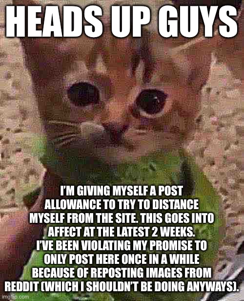 Idk who needs to know this but just incase someone gets scared seeing the date on my profile | HEADS UP GUYS; I’M GIVING MYSELF A POST ALLOWANCE TO TRY TO DISTANCE MYSELF FROM THE SITE. THIS GOES INTO AFFECT AT THE LATEST 2 WEEKS. I’VE BEEN VIOLATING MY PROMISE TO ONLY POST HERE ONCE IN A WHILE BECAUSE OF REPOSTING IMAGES FROM REDDIT (WHICH I SHOULDN’T BE DOING ANYWAYS). | made w/ Imgflip meme maker