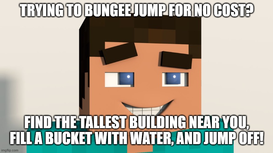 You're supposed to take the bucket with you! | TRYING TO BUNGEE JUMP FOR NO COST? FIND THE TALLEST BUILDING NEAR YOU, FILL A BUCKET WITH WATER, AND JUMP OFF! | image tagged in steve minecraft,jank,water bucket,minecraft,that moment when you die in minecraft | made w/ Imgflip meme maker