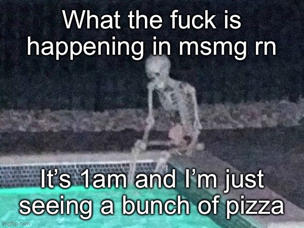 Skeleton pool | What the fuck is happening in msmg rn; It’s 1am and I’m just seeing a bunch of pizza | image tagged in skeleton pool | made w/ Imgflip meme maker