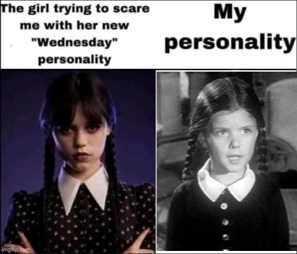 Altogether oooh | image tagged in the girl trying to scare me with her new wednesday personality,spooky,ooky,addams family | made w/ Imgflip meme maker