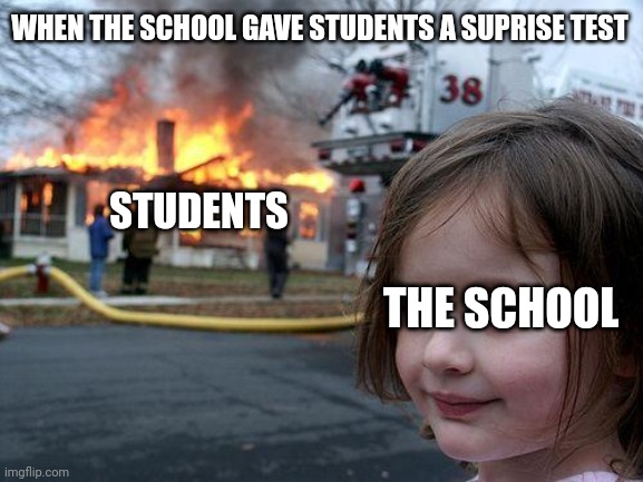 Disaster girl meme template | WHEN THE SCHOOL GAVE STUDENTS A SUPRISE TEST; STUDENTS; THE SCHOOL | image tagged in memes,disaster girl | made w/ Imgflip meme maker