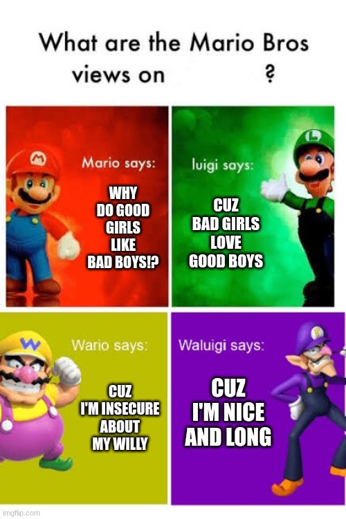 Why do Good Girls like Bad Boys? You're answer is... | CUZ BAD GIRLS LOVE GOOD BOYS; WHY DO GOOD GIRLS LIKE BAD BOYS!? CUZ I'M INSECURE ABOUT MY WILLY; CUZ I'M NICE AND LONG | image tagged in mario,wario,luigi,waluigi,funny memes,why do good girls like bad boys | made w/ Imgflip meme maker