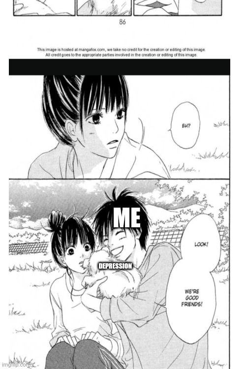 Depression my friend | ME; DEPRESSION | image tagged in depression,fun,kimi ni todoke,from me to you,animals | made w/ Imgflip meme maker