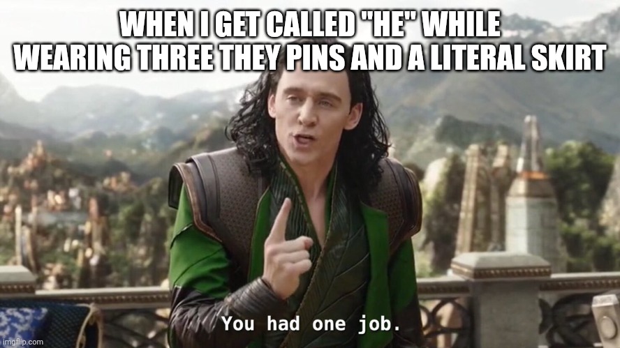 Is it unreasonable to expect people to get my pronouns right when I have three pronoun pins that I never take off? | WHEN I GET CALLED "HE" WHILE WEARING THREE THEY PINS AND A LITERAL SKIRT | image tagged in you had one job just the one | made w/ Imgflip meme maker