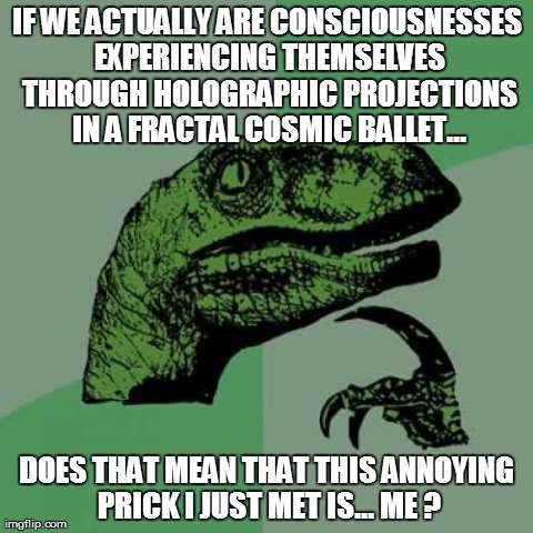 Philosoraptor | IF WE ACTUALLY ARE CONSCIOUSNESSES EXPERIENCING THEMSELVES THROUGH HOLOGRAPHIC PROJECTIONS IN A FRACTAL COSMIC BALLET... DOES THAT MEAN THAT | image tagged in memes,philosoraptor | made w/ Imgflip meme maker