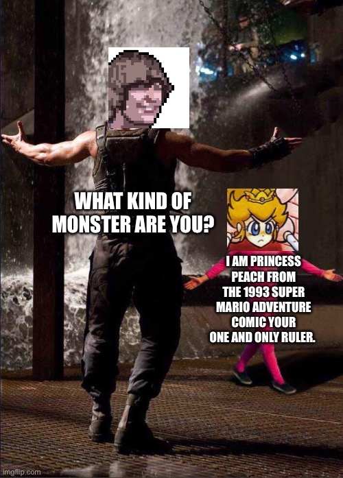 The real princess peach | WHAT KIND OF MONSTER ARE YOU? I AM PRINCESS PEACH FROM THE 1993 SUPER MARIO ADVENTURE COMIC YOUR ONE AND ONLY RULER. | image tagged in pink guy vs bane | made w/ Imgflip meme maker
