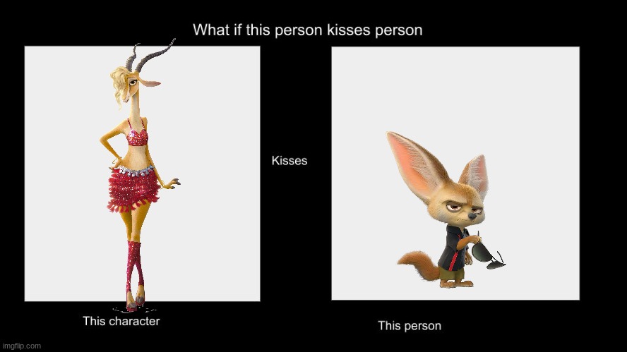 if gazelle kissed finnick | image tagged in what if this person kisses character,disney,zootopia,romance | made w/ Imgflip meme maker