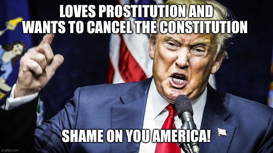 Trump Angry Ugly Awful | LOVES PROSTITUTION AND WANTS TO CANCEL THE CONSTITUTION; SHAME ON YOU AMERICA! | image tagged in trump angry ugly awful | made w/ Imgflip meme maker